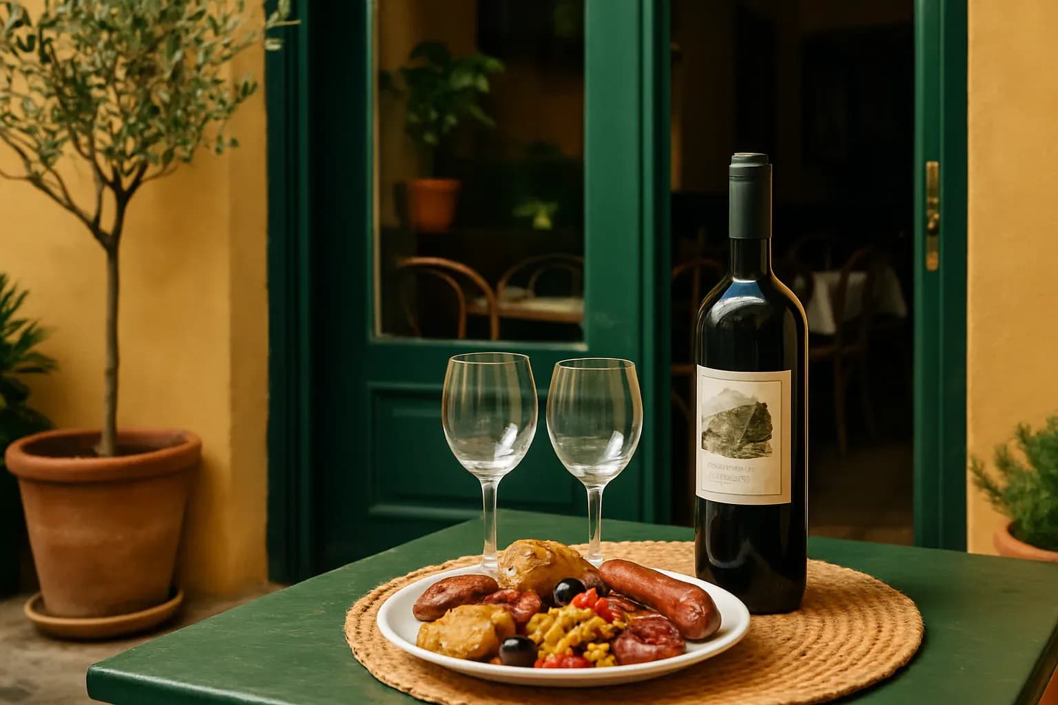 Illustration éditoriale : quel vin corse choisir pour un repas — verres et bouteilles de l’île à table.