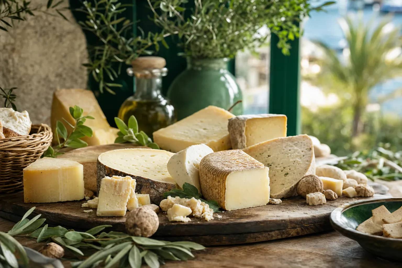 Illustration d’un plateau de fromages corses : brocciu frais, tommes de brebis et fromages affinés disposés avec leurs accompagnements.