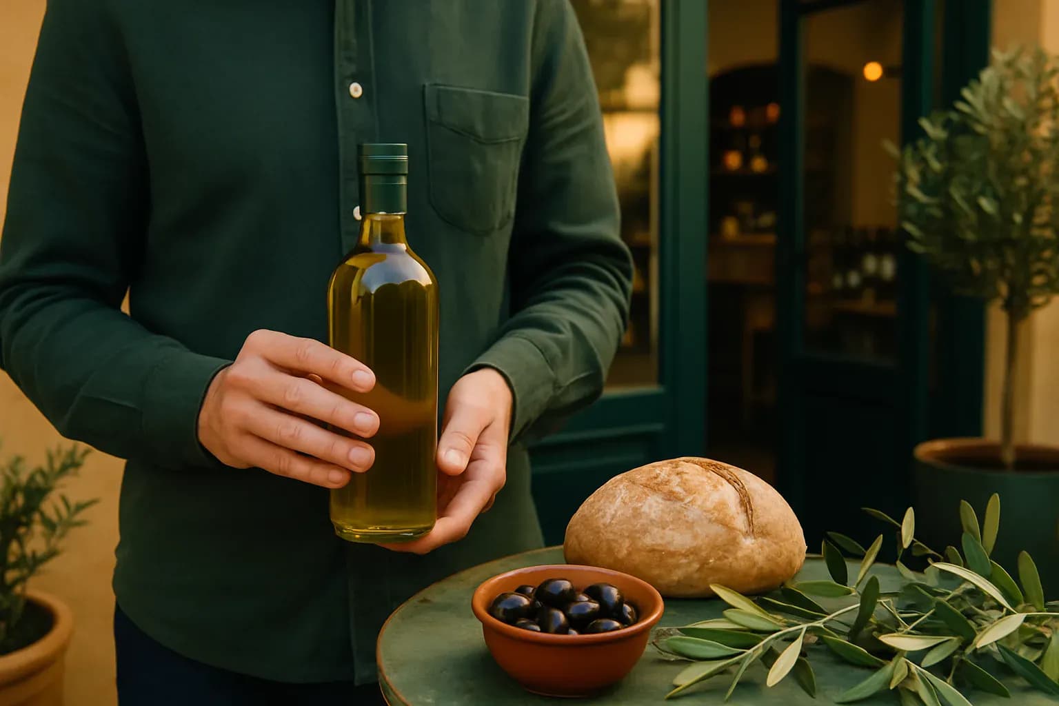 Illustration éditoriale : comment reconnaître une vraie huile d’olive corse, entre oliviers de l’île et flacon d’huile fruitée.