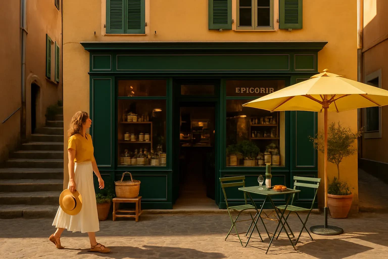 Illustration éditoriale : que visiter à Hyères avant le dîner — ruelles de la vieille ville, palmiers et lumière de fin de journée.