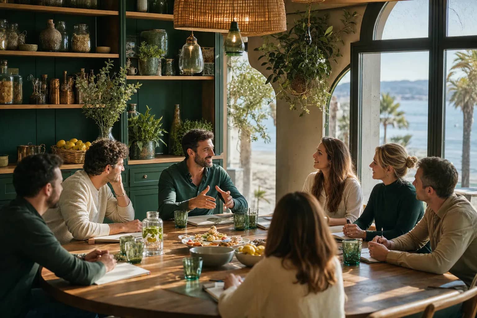 Illustration éditoriale : organiser un séminaire d’entreprise au restaurant, entre plénière du matin et déjeuner de travail.