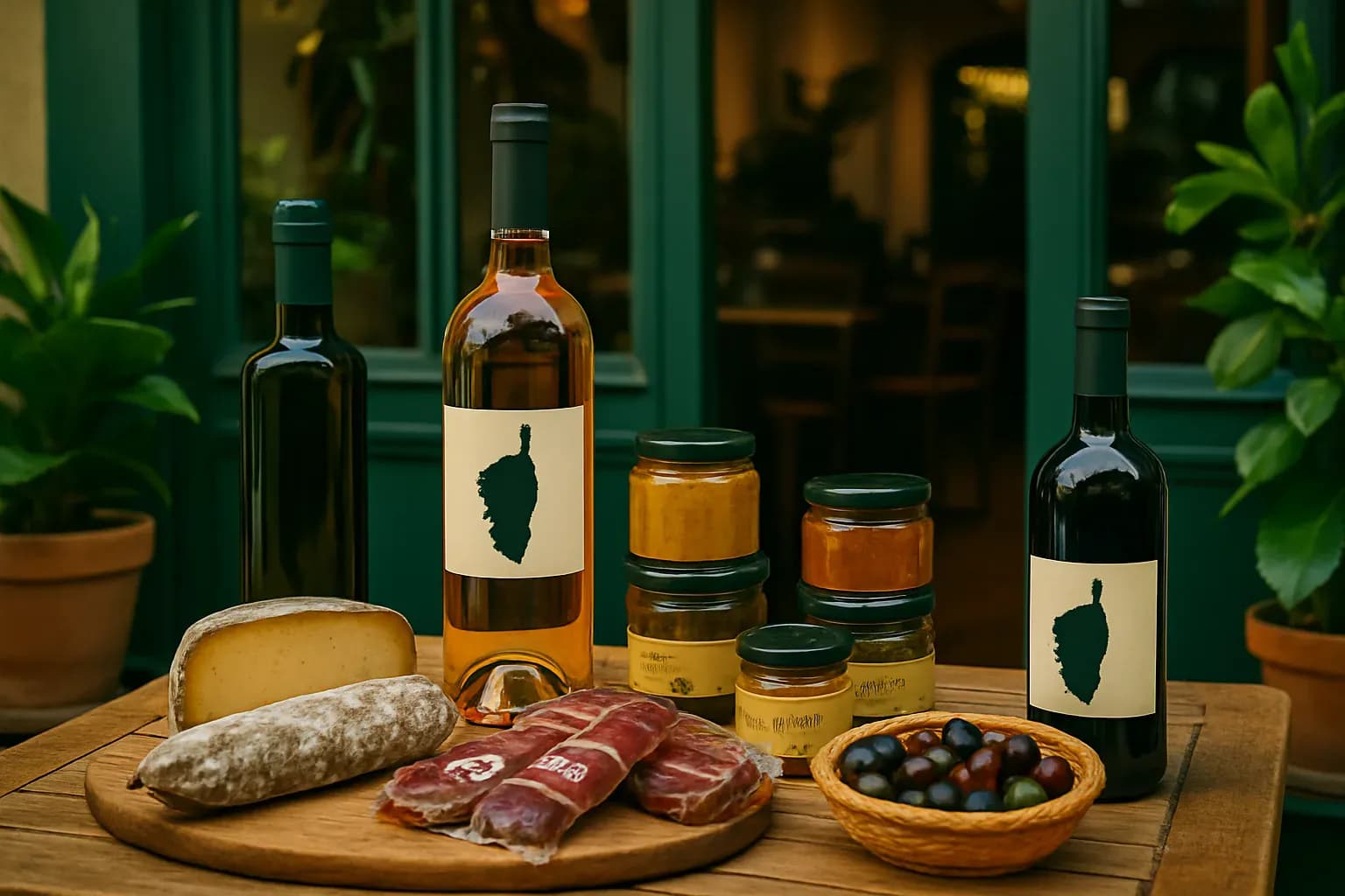Illustration éditoriale : un panier de produits corses à rapporter de vacances — charcuteries sèches, huile d’olive, miel du maquis et confitures de l’île.