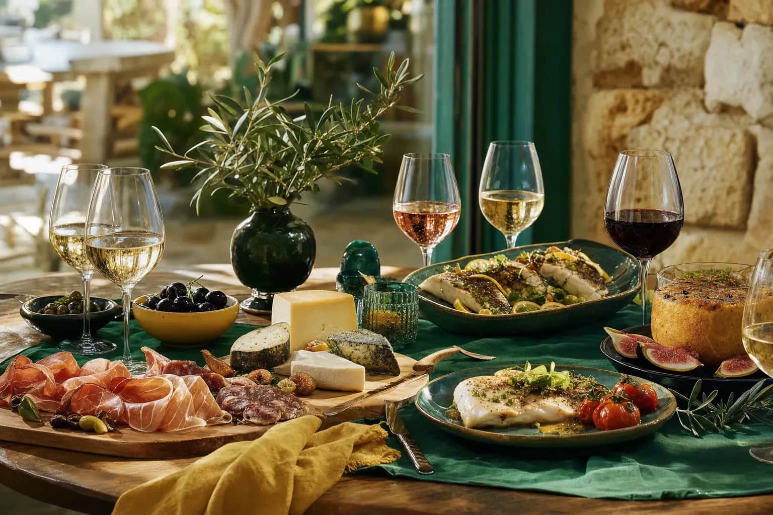Illustration d’une table corse : charcuterie de l’île, pain et vin corse servis ensemble.