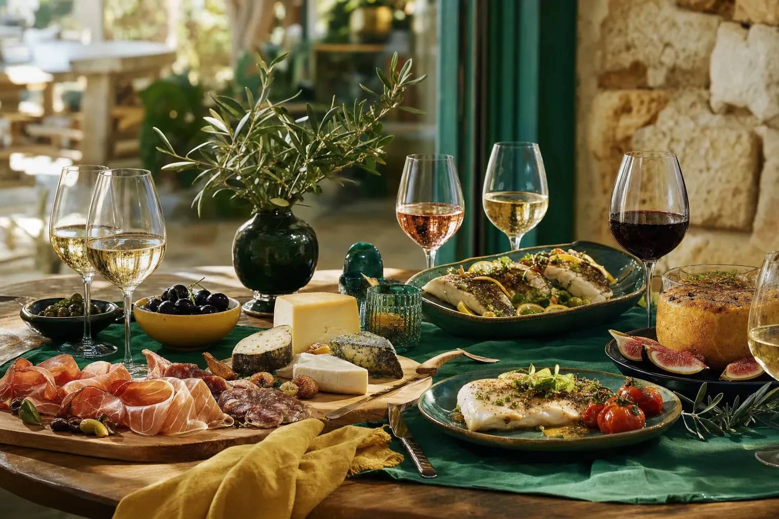Illustration d’un accord mets et vins corses : bouteilles de l’île, charcuterie, fromages et verres de vin réunis autour de la table du Bistrot Napoléon à Hyères.