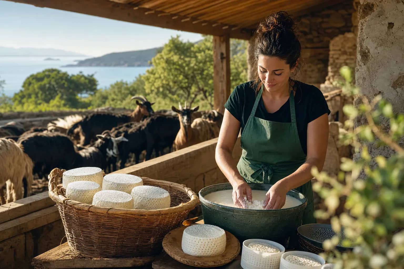 Illustration éditoriale : la saison du brocciu, le fromage frais corse au petit-lait de brebis, au fil des mois.