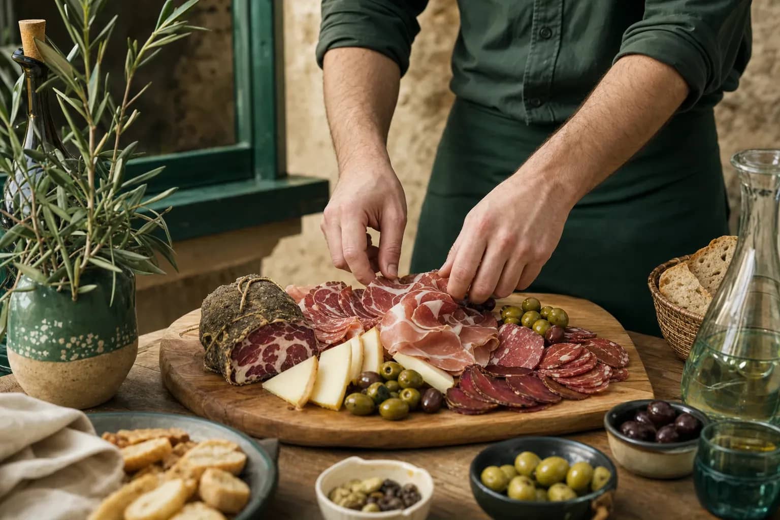 Illustration éditoriale : un plateau de charcuterie corse composé de coppa, lonzu et saucisson, prêt à partager.